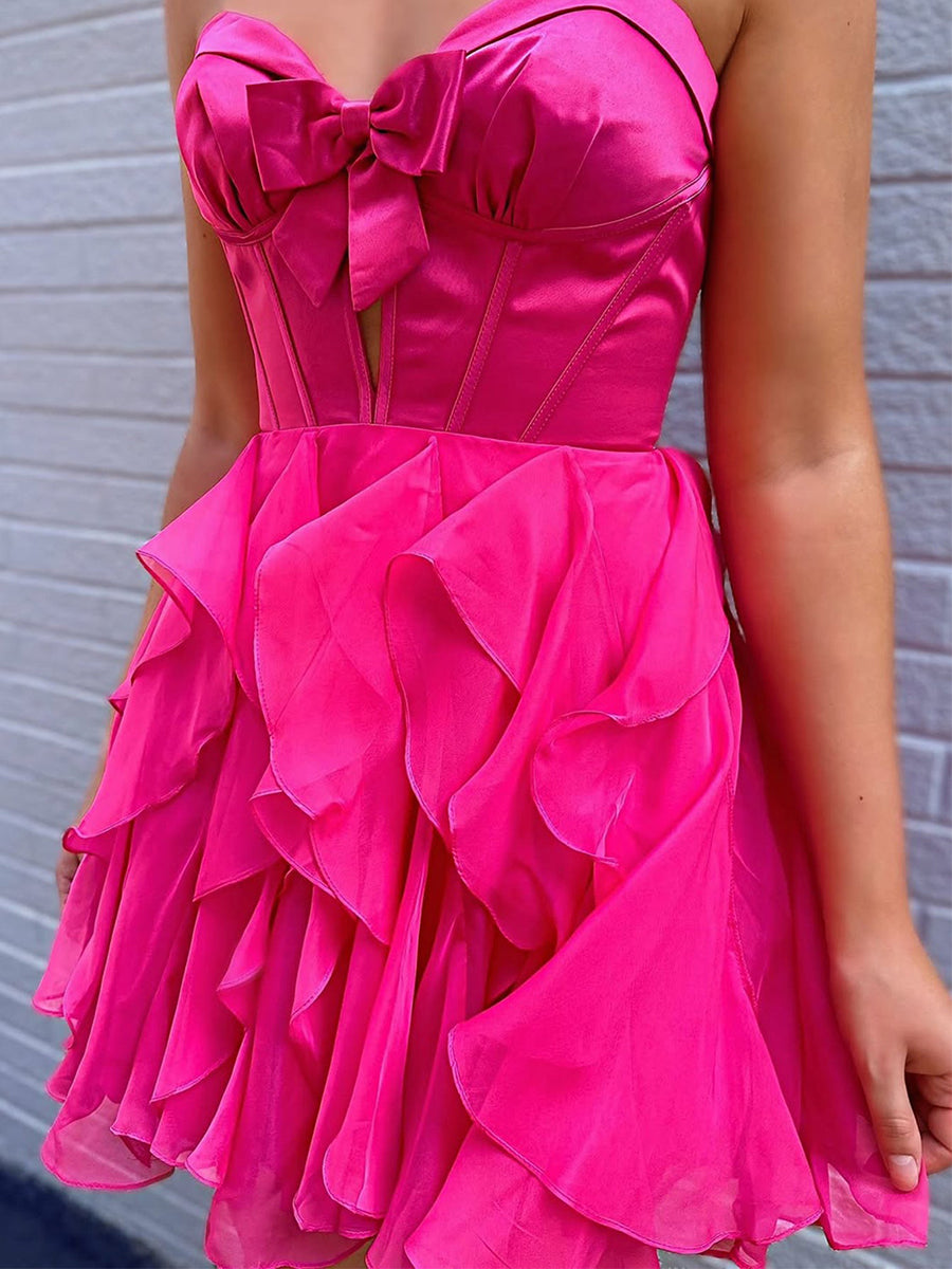 Hot Pink A Line Strapless Cut Front Homecoming Dress with Bow