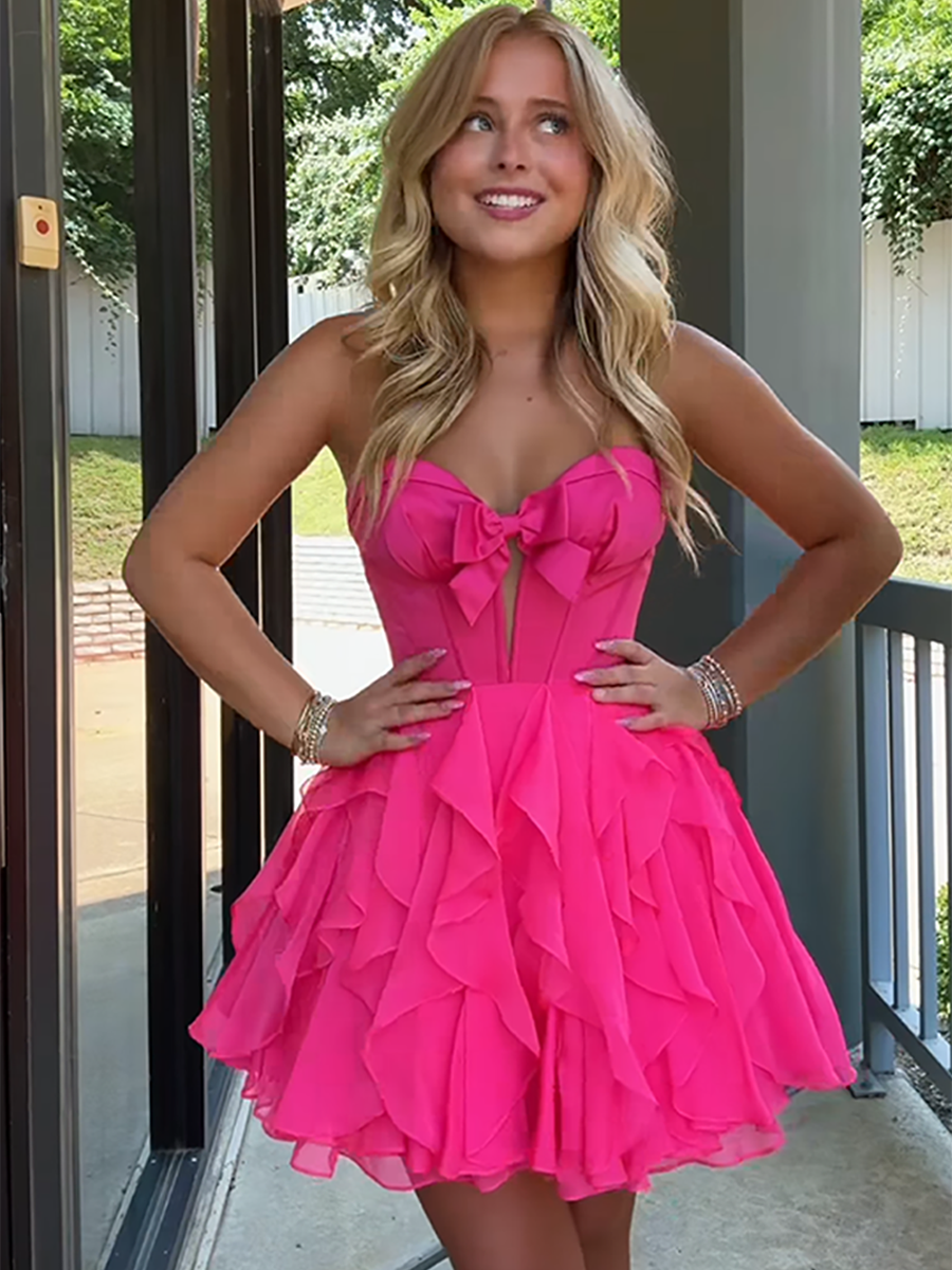 Hot Pink A Line Strapless Cut Front Homecoming Dress with Bow