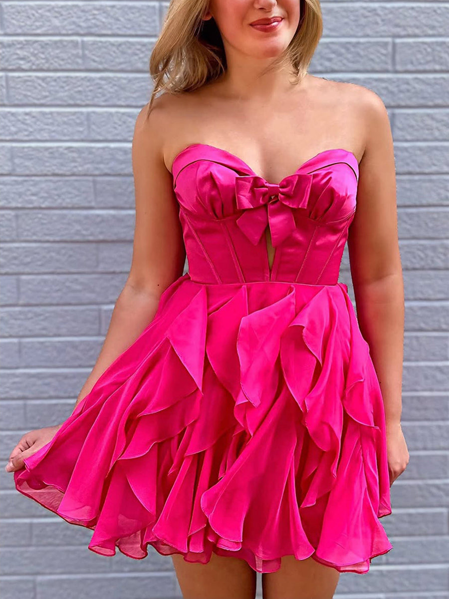 Dreamylily Women Hot Pink A Line Strapless Cut Front Homecoming Dress with Bow Dreamylily Women Hot Pink A Line Strapless Cut Front Homecoming Dress with Bow