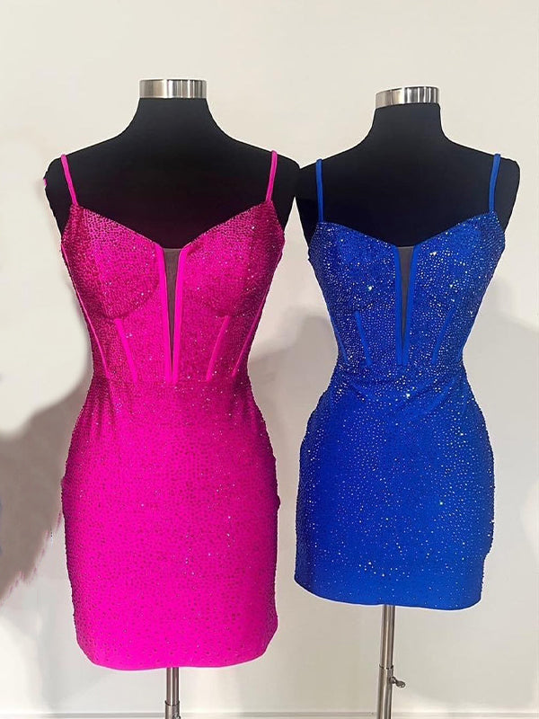 Hot Pink Beaded Fitted Short Tight Homecoming Party Dress