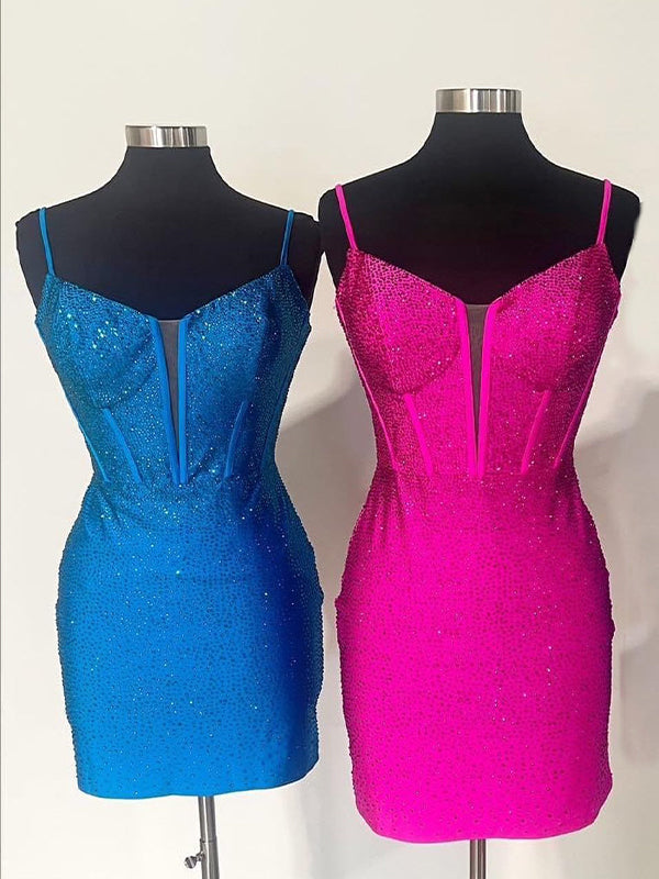 Hot Pink Beaded Fitted Short Tight Homecoming Party Dress