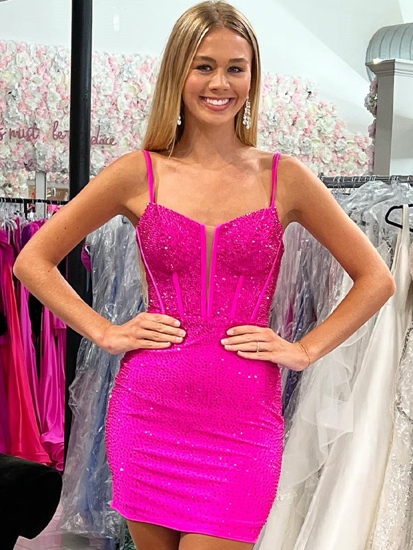 Hot Pink Beaded Fitted Short Tight Homecoming Party Dress