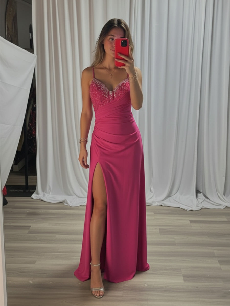 Hot Pink Beaded V Neck Corset Bodice Long Prom Dress with Slit