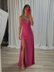 Hot Pink Beaded V Neck Corset Bodice Long Prom Dress with Slit