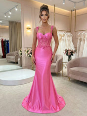 Hot Pink Floral Lace Satin Corset Mermaid Long Prom Dress