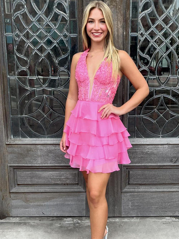 Hot Pink Halter Lace and Chiffon Ruffle Short Homecoming Dress