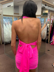 Hot Pink Halter V Neck Short Tight Homecoming Dress