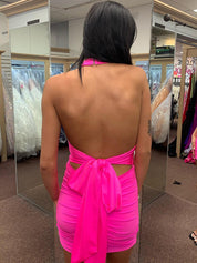 Hot Pink Halter V Neck Short Tight Homecoming Dress