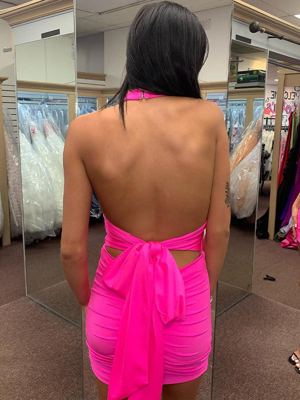 Hot Pink Halter V Neck Short Tight Homecoming Dress