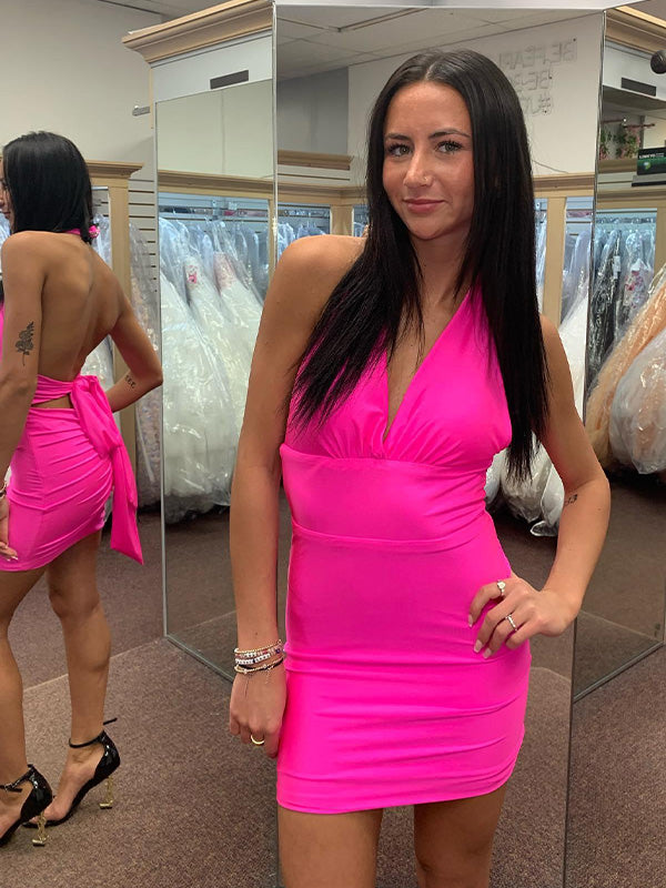Hot Pink Halter V Neck Short Tight Homecoming Dress