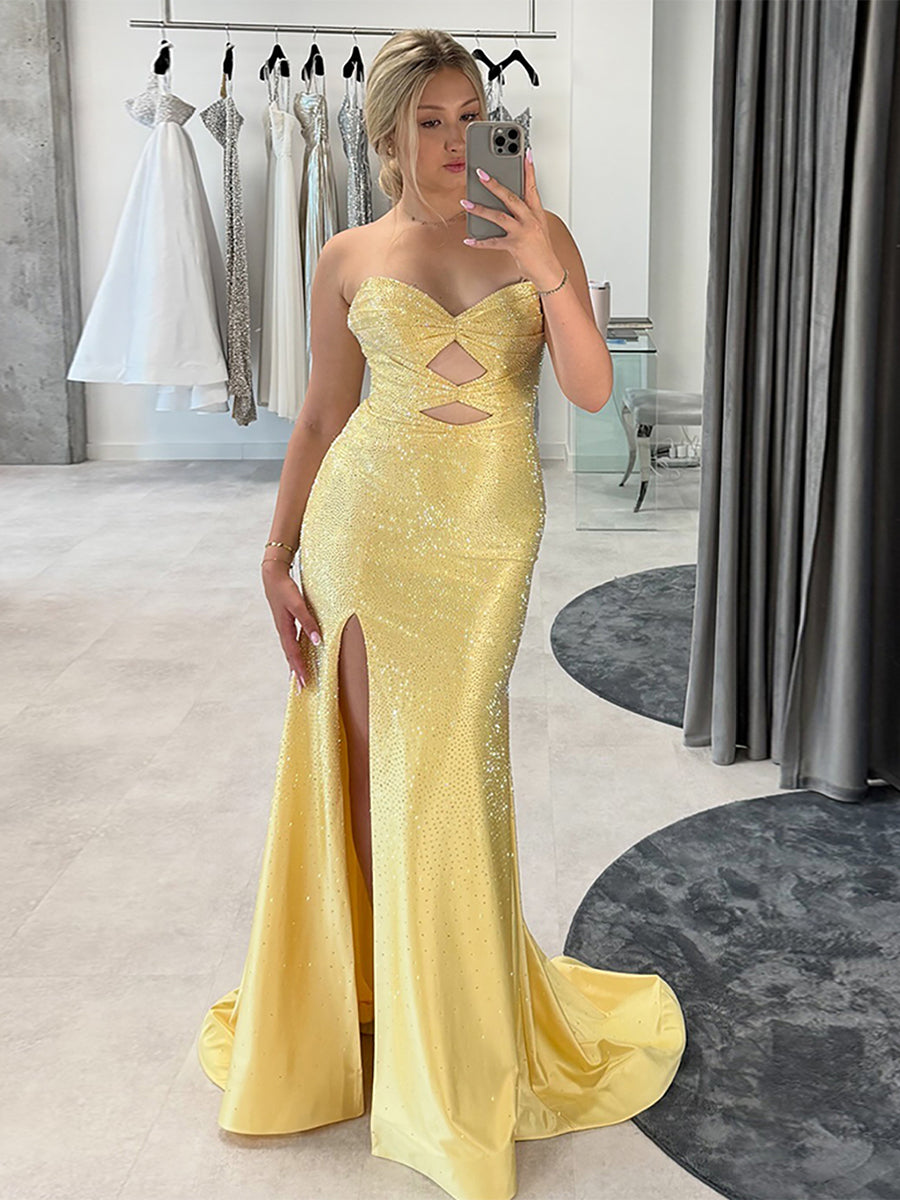 Hot Pink Mermaid Strapless Long Prom Dress with Beads