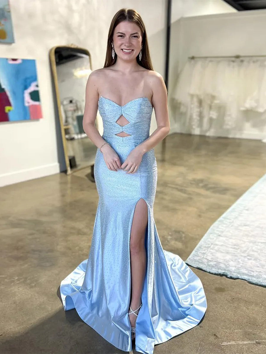 Hot Pink Mermaid Strapless Long Prom Dress with Beads