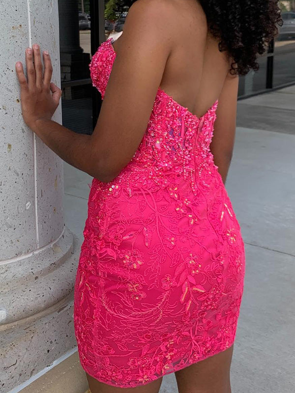 Hot Pink Off-Shoulder Sheath Party Homecoming Dress with Appliques