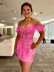 Hot Pink Off The Shoulder Tight Lace Homecoming Dress With Feather