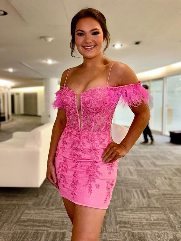 Hot Pink Off The Shoulder Tight Lace Homecoming Dress With Feather