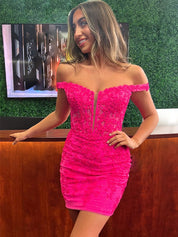 Hot Pink Off the Shoulder Appliques Short Homecoming Dress