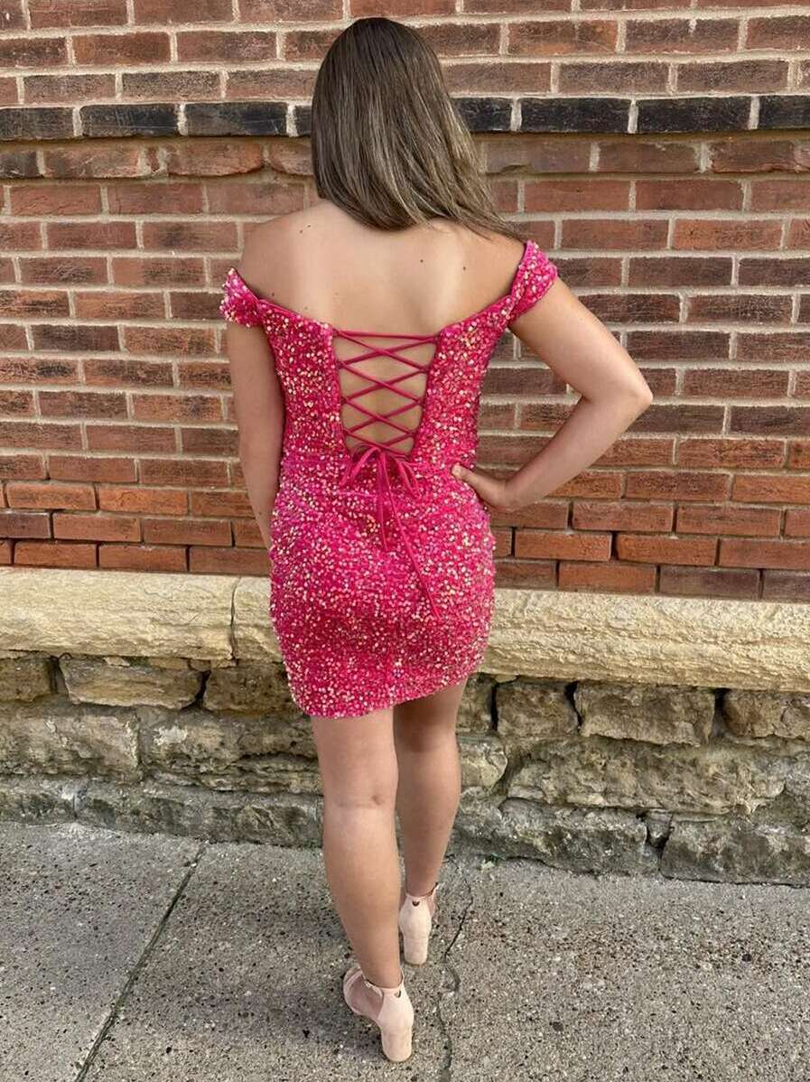 Hot Pink Off the Shoulder Sequin Tight Short Homecoming Dress
