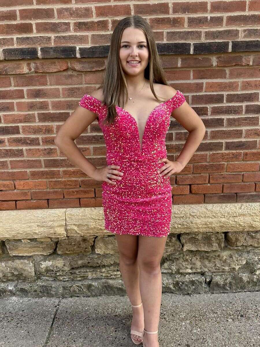 Hot Pink Off the Shoulder Sequin Tight Short Homecoming Dress