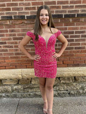 Hot Pink Off the Shoulder Sequin Tight Short Homecoming Dress