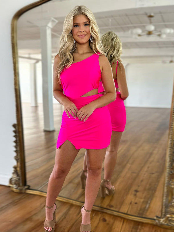Hot Pink One Shoulder Cutout Waist Tight Satin Homecoming Dress