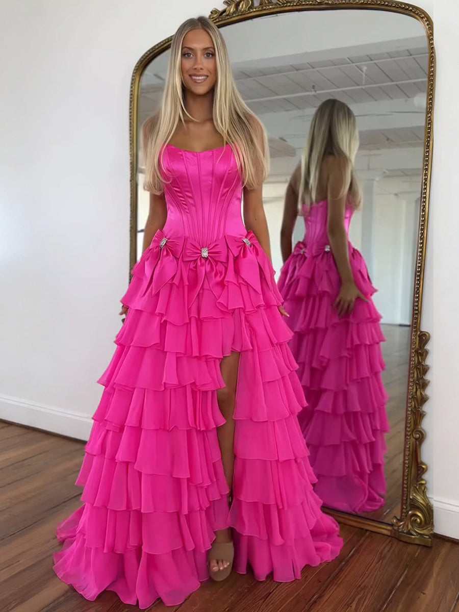 Hot Pink Princess Strapless Tiered A-Line Long Prom Dress with Slit