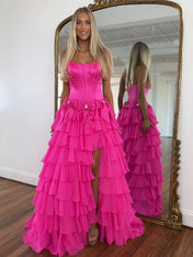 Hot Pink Princess Strapless Tiered A-Line Long Prom Dress with Slit