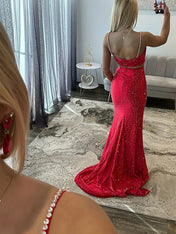 Hot Pink Satin Strapless Long Cutout Prom Dress with Slit