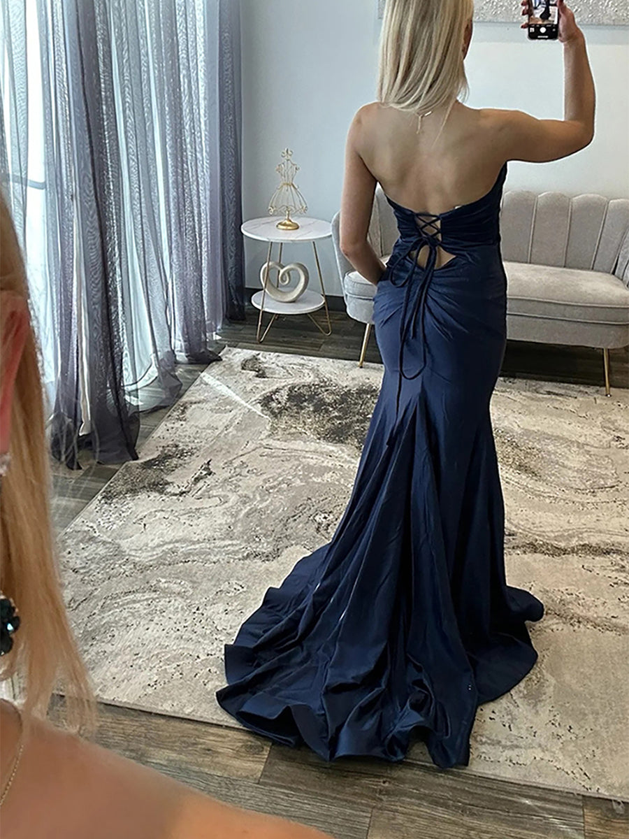 Hot Pink Satin Strapless Long Cutout Prom Dress with Slit