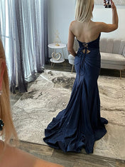 Hot Pink Satin Strapless Long Cutout Prom Dress with Slit