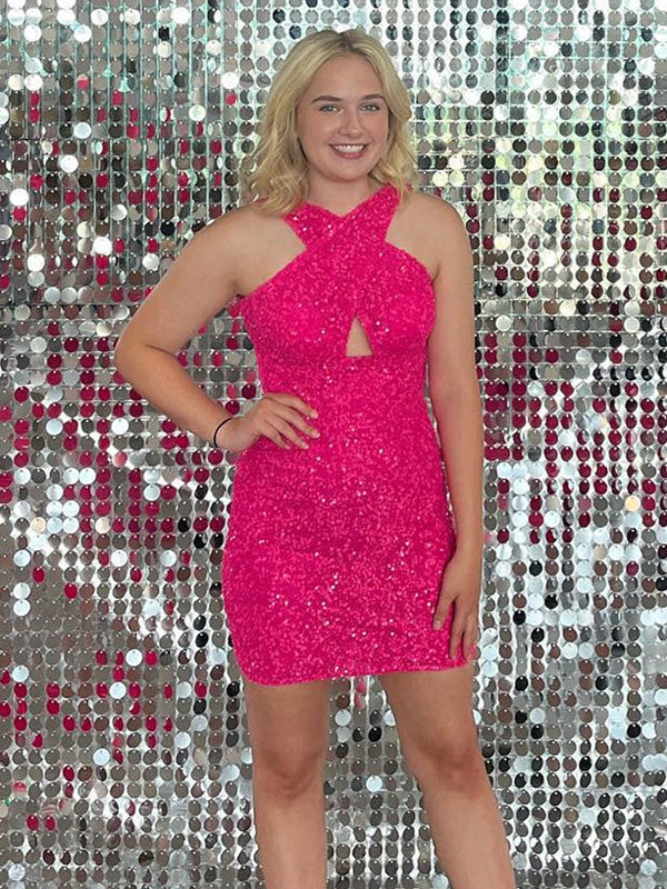 Hot Pink Sequin Cross Front Bodycon Short Homecoming Dress