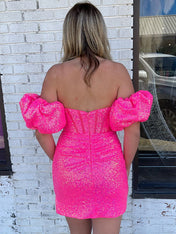Hot Pink Sequin Short Homecoming Dress with Removable Sleeves