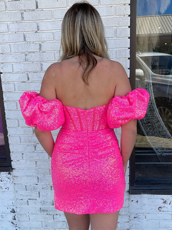 Hot Pink Sequin Short Homecoming Dress with Removable Sleeves