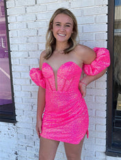 Hot Pink Sequin Short Homecoming Dress with Removable Sleeves