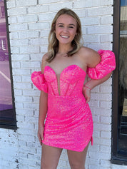 Hot Pink Sequin Short Homecoming Dress with Removable Sleeves
