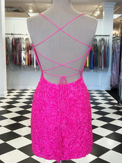 Hot Pink Sequin Spaghetti Straps Bodycon Short Homecoming Dress