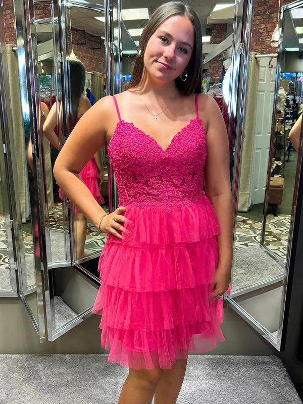 Hot Pink Spaghetti Straps Appliques Ruffles Short Homecoming Dress