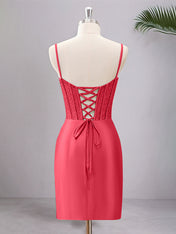 Hot Pink Spaghetti Straps Bodycon Corset Satin Homecoming Dress with Slit
