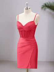 Hot Pink Spaghetti Straps Bodycon Corset Satin Homecoming Dress with Slit