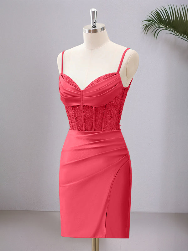 Dreamylily Women Hot Pink Spaghetti Straps Bodycon Corset Satin Homecoming Dress with Slit Dreamylily Women Hot Pink Spaghetti Straps Bodycon Corset Satin Homecoming Dress with Slit