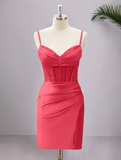 Hot Pink Spaghetti Straps Bodycon Corset Satin Homecoming Dress with Slit