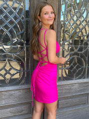Hot Pink Spaghetti Straps V-Neck Ruched Short Homecoming Dress