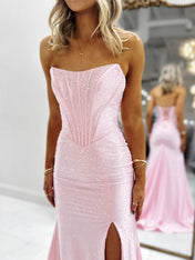 Hot Pink Strapless Beaded Corset Prom Dress with Slit