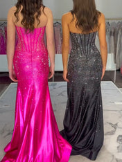 Hot Pink Strapless Beaded Corset Prom Dress with Slit
