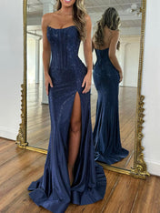 Hot Pink Strapless Beaded Corset Prom Dress with Slit