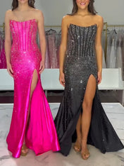 Hot Pink Strapless Beaded Corset Prom Dress with Slit