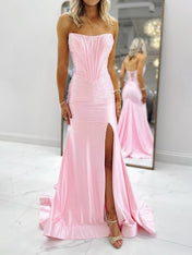 Hot Pink Strapless Beaded Corset Prom Dress with Slit