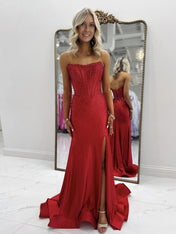 Hot Pink Strapless Beaded Corset Prom Dress with Slit