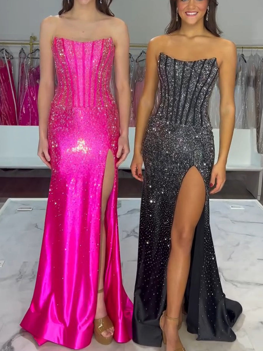 Hot Pink Strapless Beaded Corset Prom Dress with Slit