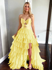 Hot Pink Strapless Cutout Tiered Ruffle Long Prom Dress with Slit