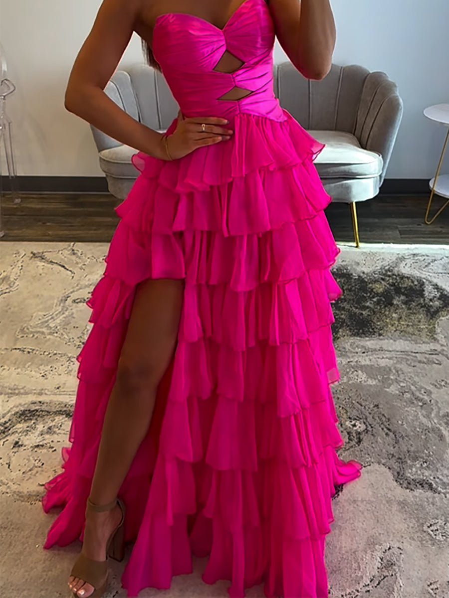 hot pink strapless prom dress Dreamylily Prom Dress Hot Pink Strapless Cutout Tiered Ruffle Long Evening Gown with Slit